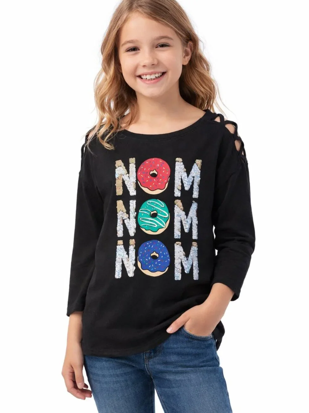 Justice Girls Donut Graphic Tee Black Long Sleeve Size 10